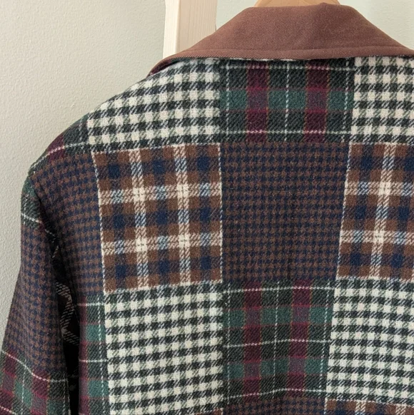 Vintage Wool Plaid Patchwork Button Up Jacket In Burgundy/Brown/Navy